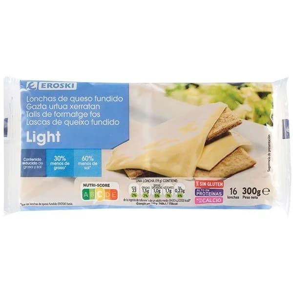 Queso fundido light EROSKI, lonchas, paquete 300 g - 0.3 kg - Imagen del producto en Findit