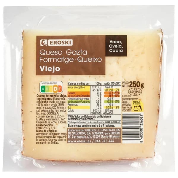 Queso mezcla viejo de leche cruda EROSKI, cuña 250 g - 0.25 kg - Imagen del producto en Findit