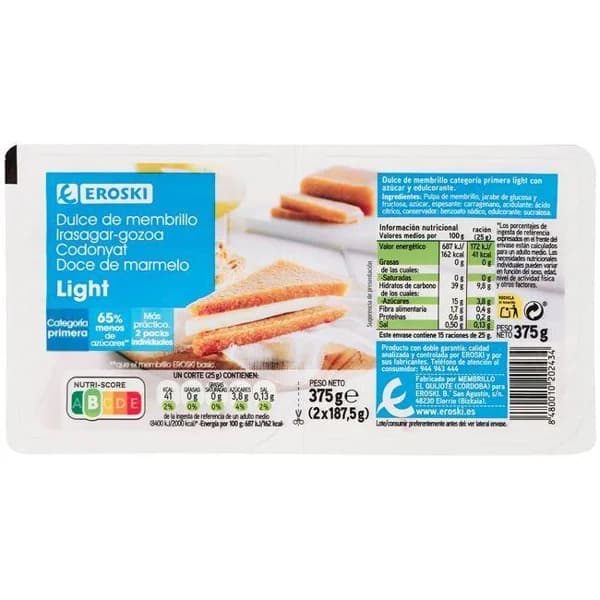 Dulce de membrillo light EROSKI, tarrina 375 g - 0.38 kg - Imagen del producto en Findit