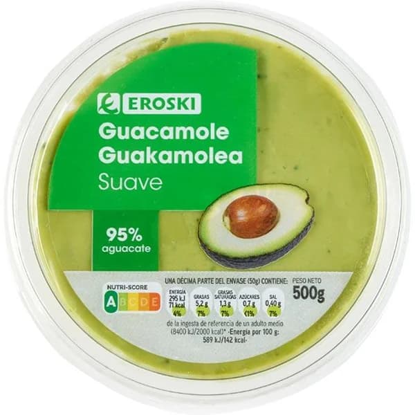 Guacamole suave EROSKI, tarrina 500 g - 0.5 kg - Imagen del producto en Findit