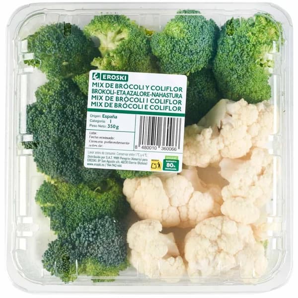 Mix brócoli y coliflor EROSKI, bandeja 350 g - 0.35 kg - Imagen del producto en Findit