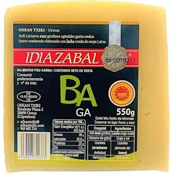 Queso natural D.O. Idiazabal BAGA, cuña 550 g - 0.55 kg - Imagen del producto en Findit