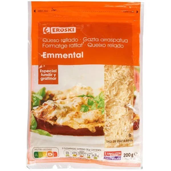 Queso rallado Emmental EROSKI, bolsa 200 g - 0.2 kg - Imagen del producto en Findit