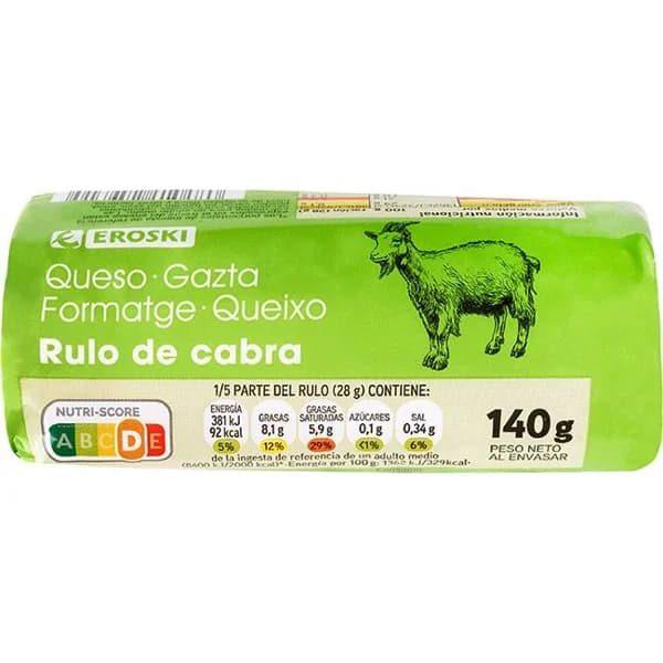 Queso rulo de cabra EROSKI, rulo 140 g - 1 ud - Imagen del producto en Findit
