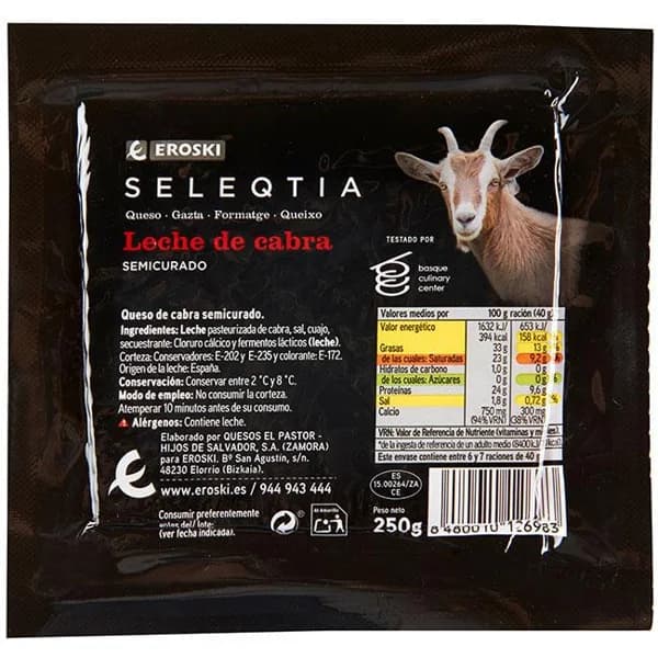 Queso de cabra semicurado Eroski SELEQTIA, cuña 250 g - 1 ud - Imagen del producto en Findit