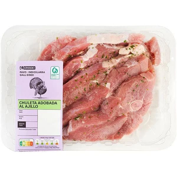 Chuleta pavo al ajillo EROSKI, bandeja aprox. 550 g - 0.55 kg - Imagen del producto en Findit