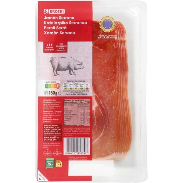 Jamón serrano EROSKI, sobre 150 g - 0.15 kg - Imagen del producto en Findit