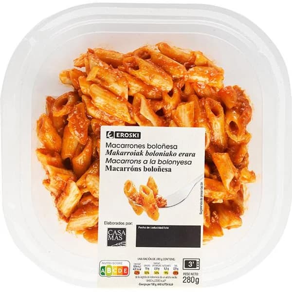 Macarrones a la boloñesa EROSKI, bandeja 280 g - 0.28 kg - Imagen del producto en Findit
