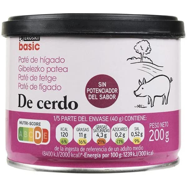 Paté de hígado de cerdo EROSKI basic, lata 200 g - 0.2 kg - Imagen del producto en Findit
