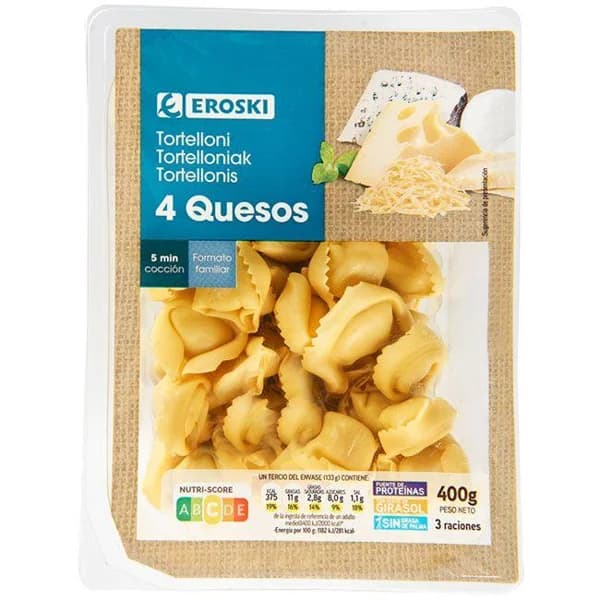 Tortellini 4 quesos familiar EROSKI, bandeja 400 g - 1 ud - Imagen del producto en Findit