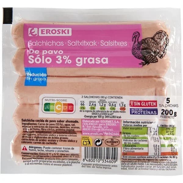 Salchicha de pavo 3% materia grasa EROSKI, sobre 200 g - 1 ud - Imagen del producto en Findit