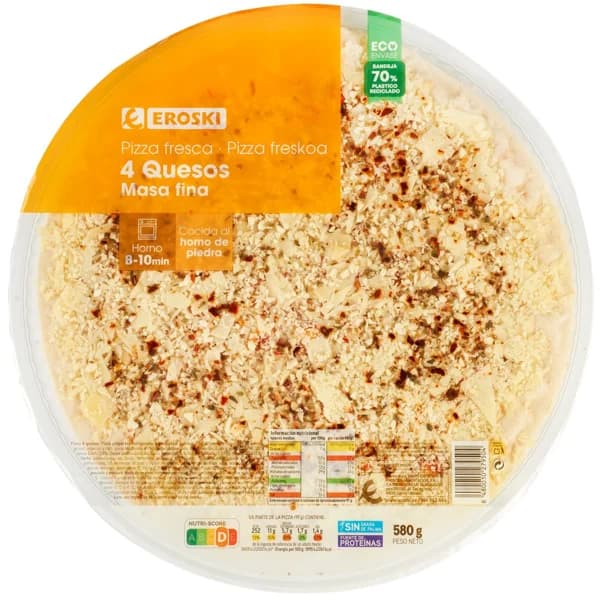 Pizza maxi de 4 quesos EROSKI, 1 ud, 580 g - 1 ud - Imagen del producto en Findit
