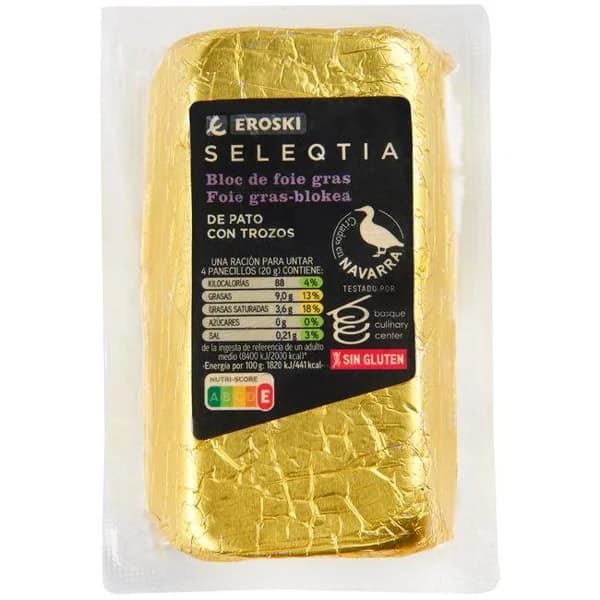 Bloc foie gras de pato Eroski SELEQTIA, al corte, compra mínima 100 g - 1 ud - Imagen del producto en Findit