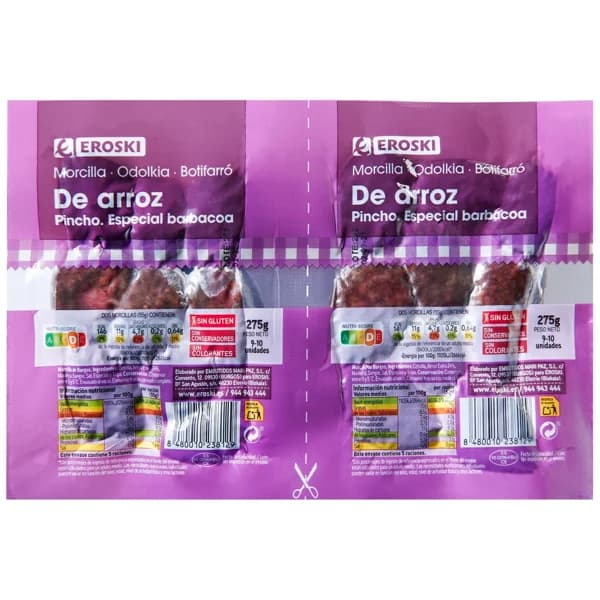 Morcilla de arroz pincho especial barbacoa EROSKI, pack 2x275 g - 1 ud - Imagen del producto en Findit