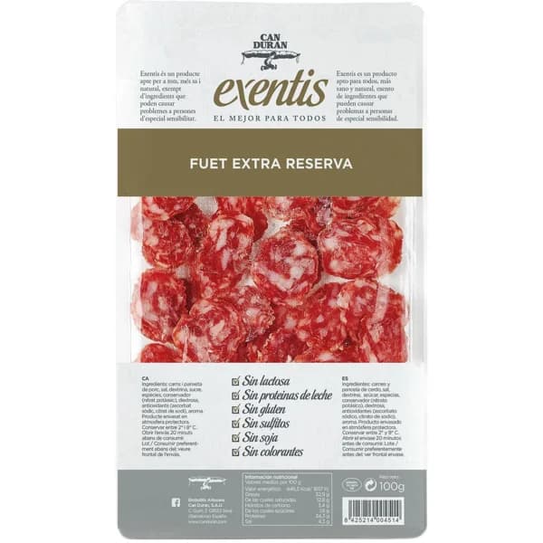 Fuet extra CAN DURAN Exentis, sobre 80 g - 0.08 kg - Imagen del producto en Findit