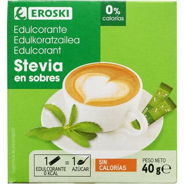 Edulcorante stevia EROSKI, caja 40 uds. - 40 ud - Imagen del producto en Findit