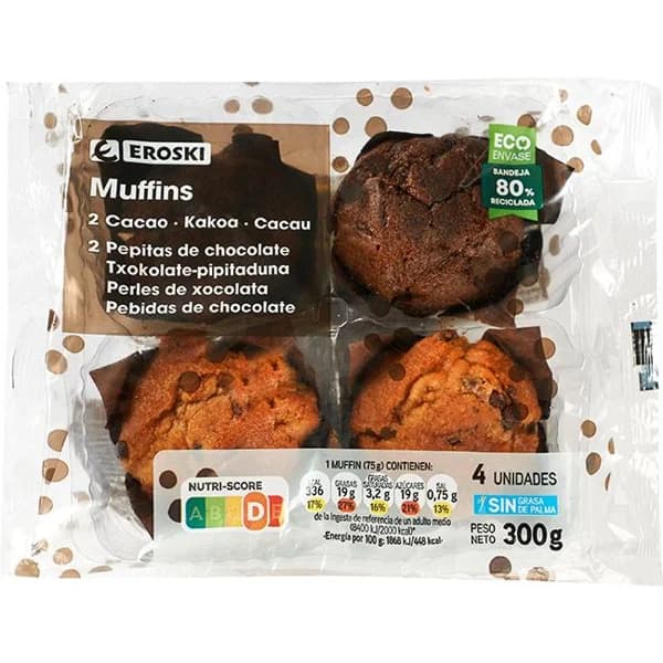 Muffins cacao y pepitas chocolate EROSKI, 4 uds, paquete 300 g - 0.3 kg - Imagen del producto en Findit