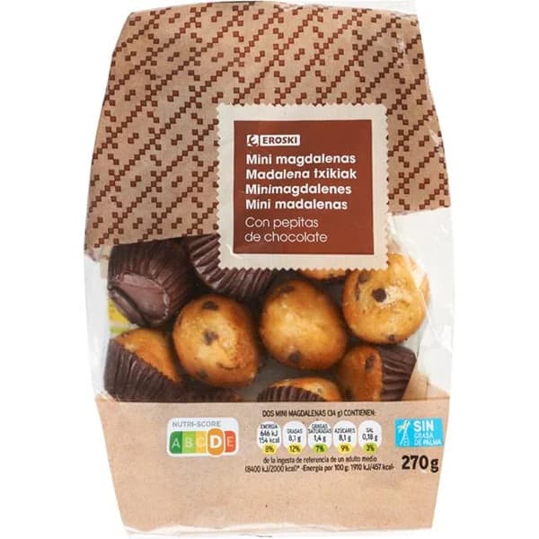 Mini magdalenas con pepitas chocolate EROSKI, bolsa 270 g - 0.27 kg - Imagen del producto en Findit