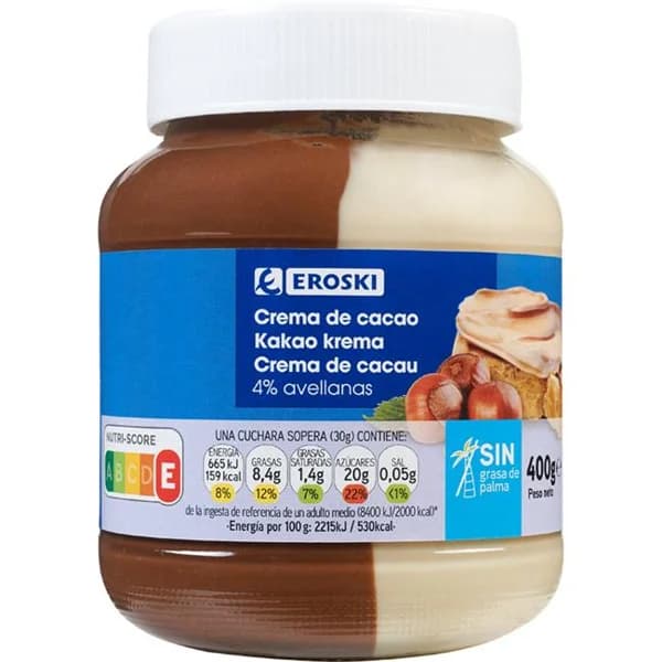 Crema cacao 2 sabores 4% avellana sin palma EROSKI, frasco 400 g - 0.4 kg - Imagen del producto en Findit