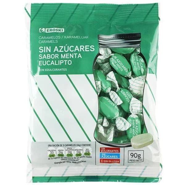 Caramelo sin azúcar de menta EROSKI, bolsa 90 g - 0.09 kg - Imagen del producto en Findit