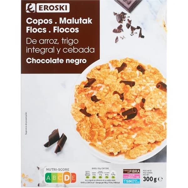 Copos integrales de chocolate EROSKI, caja 300 g - 0.3 kg - Imagen del producto en Findit
