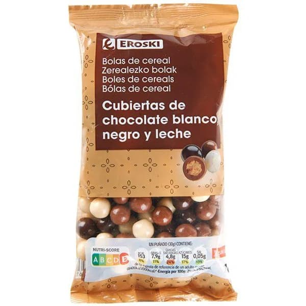 Grageas de chocolate cereales mix EROSKI, bolsa 160 g - 0.16 kg - Imagen del producto en Findit