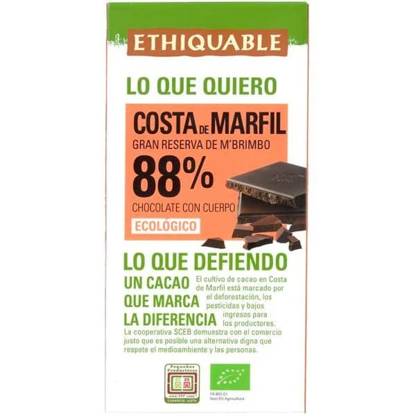 Chocolate negro 88% cacao Costa Marfil ETHIQUABLE, tableta 100 g - 0.1 kg - Imagen del producto en Findit