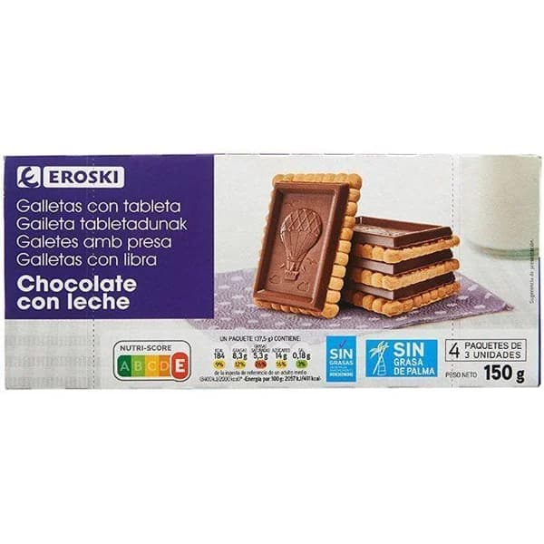 Galleta con tableta de chocolate con leche EROSKI, paquete 150 g - 1 ud - Imagen del producto en Findit