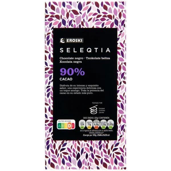 Chocolate negro 90% cacao EROSKI SELEQTIA, tableta 100 g - 1 ud - Imagen del producto en Findit