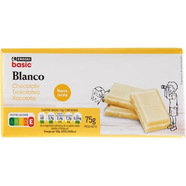 Chocolate blanco EROSKI BASIC, tableta 75 g - 0.08 kg - Imagen del producto en Findit