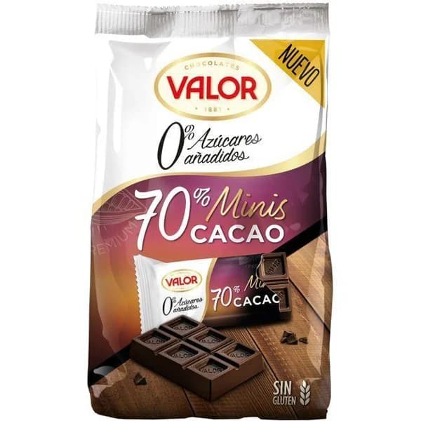 Mini tabletas de choco negro 70% sin azúcar VALOR, bolsa 144 g - 0.14 kg - Imagen del producto en Findit