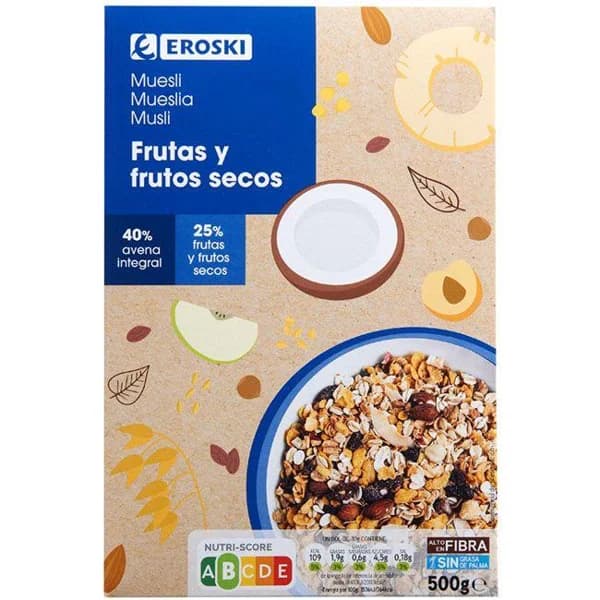 Muesli de frutas-frutos secos EROSKI, caja 500 g - 0.5 kg - Imagen del producto en Findit