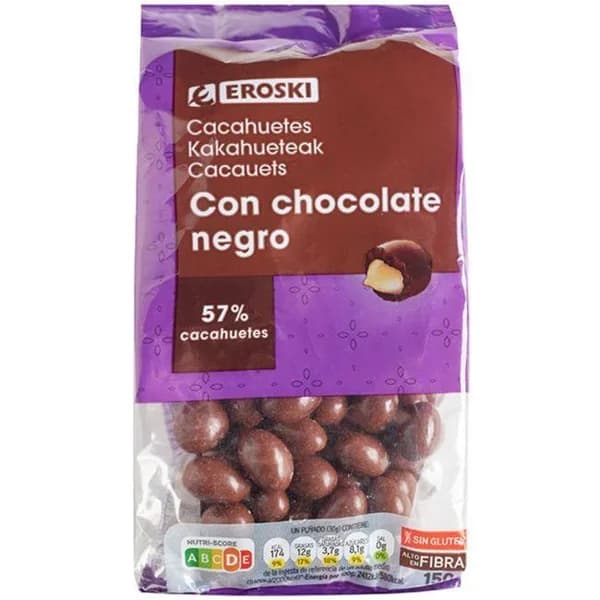 Cacahuetes con chocolate negro EROSKI, bolsa 150 g - 0.15 kg - Imagen del producto en Findit