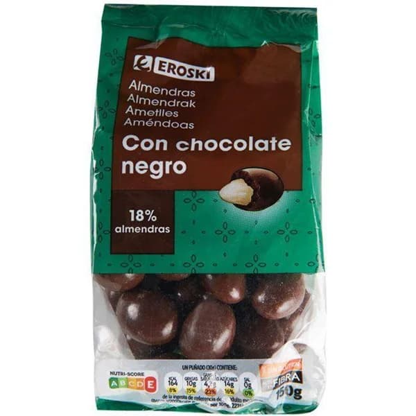 Almendras con chocolate negro EROSKI, bolsa 150 g - 0.15 kg - Imagen del producto en Findit