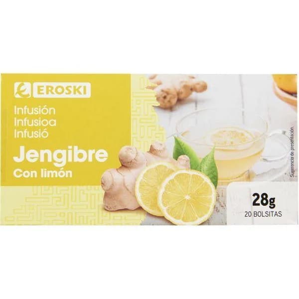Jengibre con limón EROSKI, caja 25 sobres - 25 ud - Imagen del producto en Findit