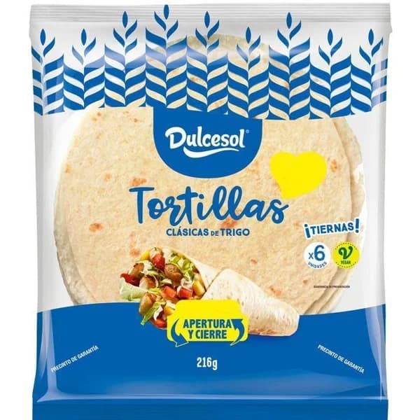 Tortillas de trigo DULCESOL, 6 uds, paquete 216 g - 0.22 kg - Imagen del producto en Findit