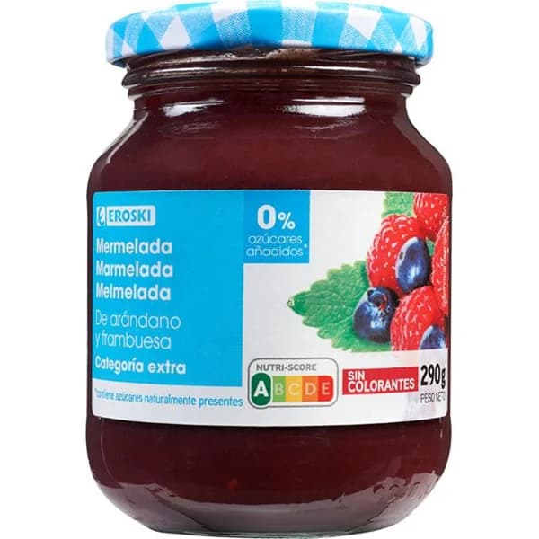 Mermelada de arándanos y frambuesa 0% EROSKI, frasco 290 g - 0.29 kg - Imagen del producto en Findit
