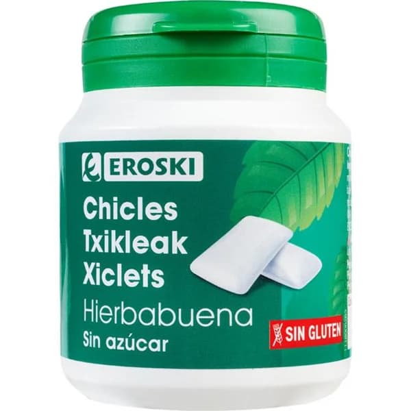 Chicle de hierbabuena sin azúcar EROSKI, bote 100 g - 0.1 kg - Imagen del producto en Findit