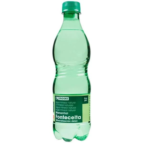 Agua mineral natural con gas EROSKI, botella 50 cl - 0.5 l - Imagen del producto en Findit