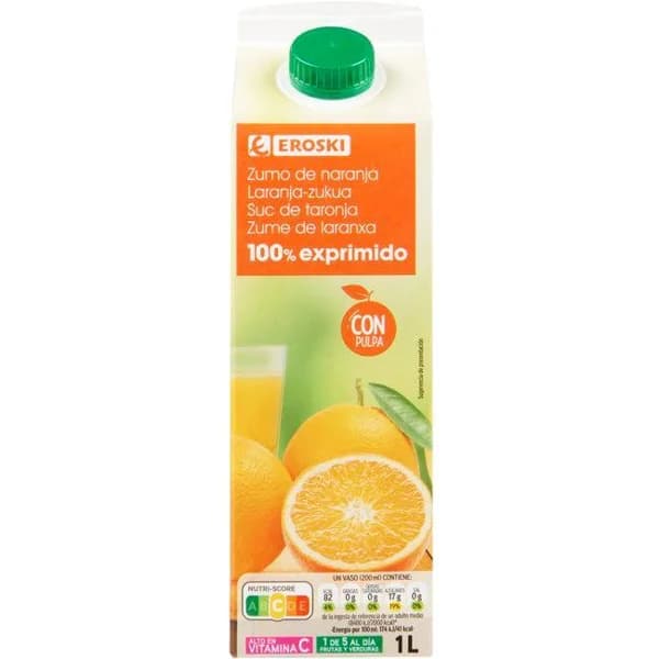 Zumo natural de naranja con pulpa EROSKI, brik 1 litro - 1 l - Imagen del producto en Findit