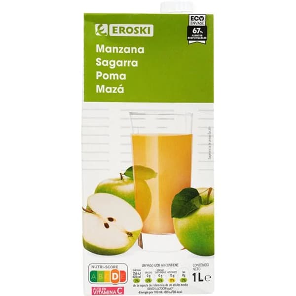 Bebida de manzana EROSKI, brick 1l - 1 l - Imagen del producto en Findit