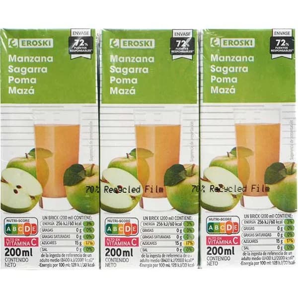 Bebida de manzana EROSKI, pack 6x0,2l - 1.2 l - Imagen del producto en Findit