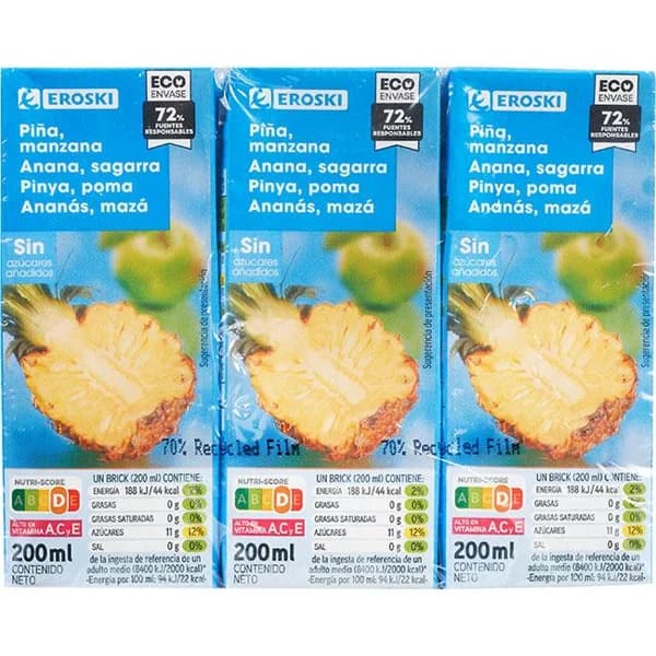 Bebida de piña sin azúcar añadido EROSKI, pack 6x20 cl - 1.2 l - Imagen del producto en Findit