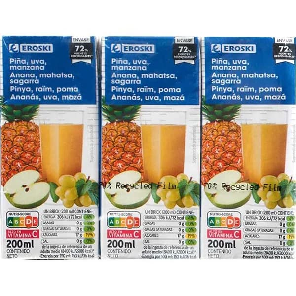 Zumo de piña, manzana y uva EROSKI, pack 6x20 cl - 1 ud - Imagen del producto en Findit