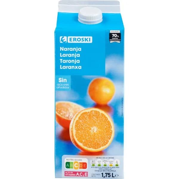 Bebida de naranja sin azúcar EROSKI, brik 1,75 litros - 1 ud - Imagen del producto en Findit