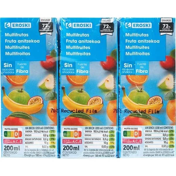 Bebida multifrutas sin azúcar añadido EROSKI, pack 6x20 cl - 1.2 l - Imagen del producto en Findit