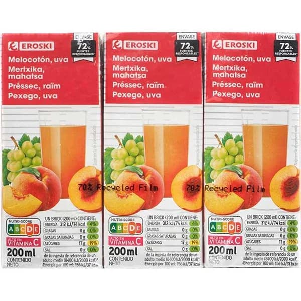 Zumo de melocotón, uva y manzana EROSKI, pack 6x20 cl - 1 ud - Imagen del producto en Findit