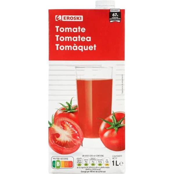 Zumo de tomate EROSKI, brik 1 litro - 1 ud - Imagen del producto en Findit