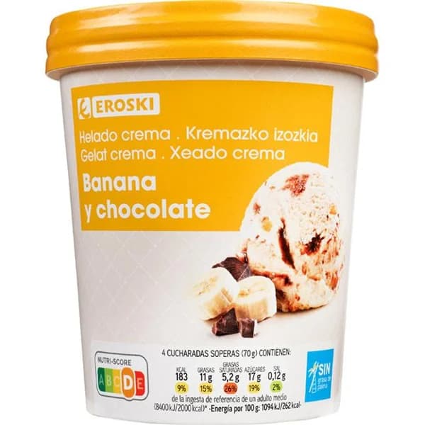 Helado de plátano y chocolate EROSKI, tarrina 500 ml - 0.5 l - Imagen del producto en Findit