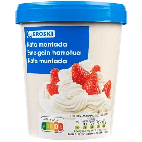 Nata montada EROSKI, tarrina 500 ml - 0.5 l - Imagen del producto en Findit